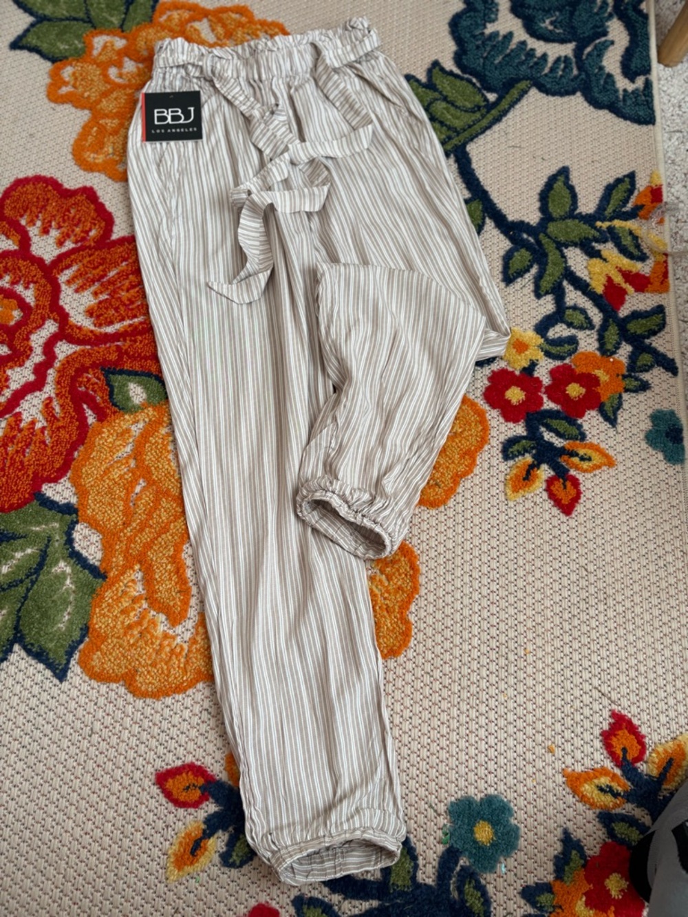 BBJ Los Angeles Women’s Cream Striped Paperbag Waist Trousers